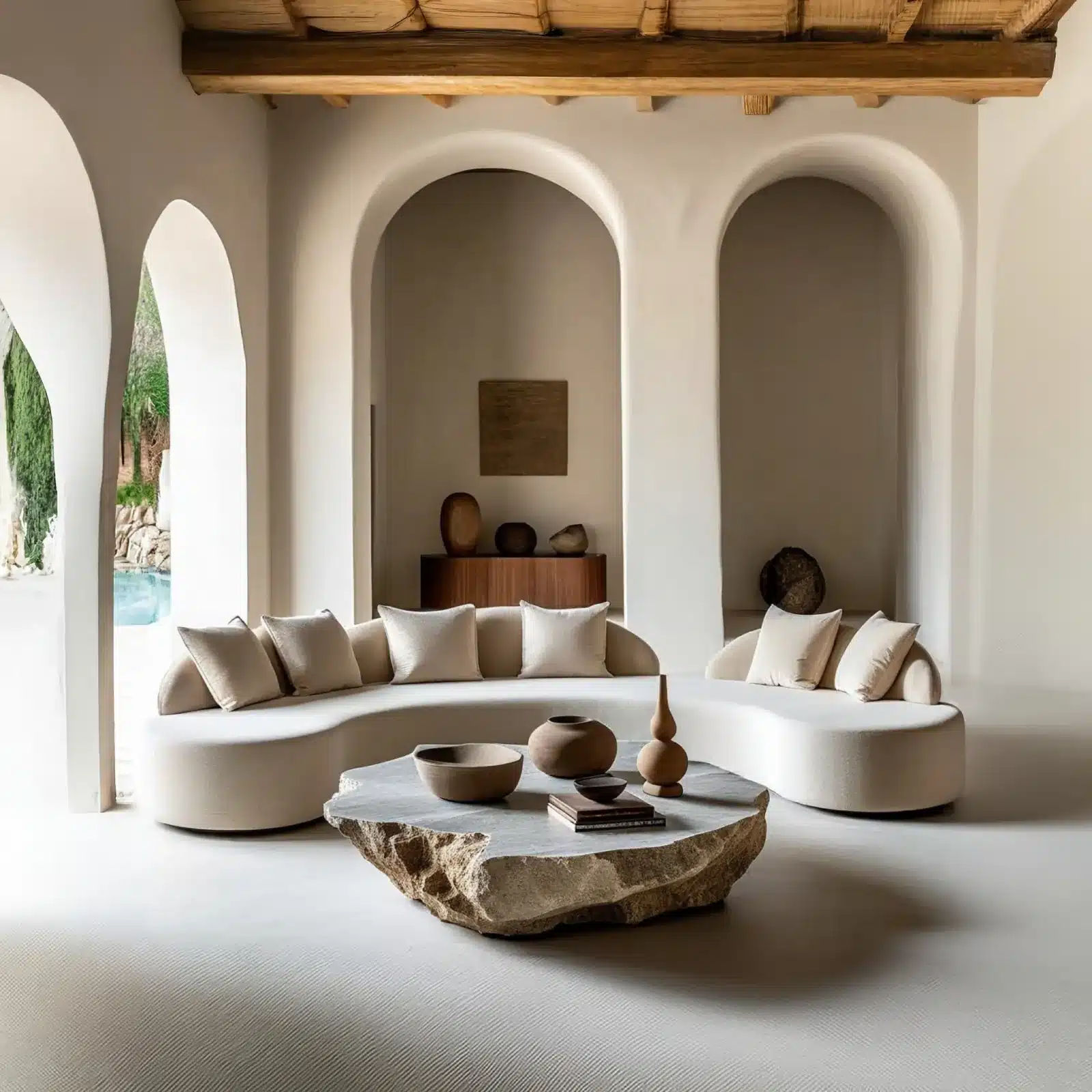 Moderne villa-living met lichtgrijze lavasteen gietvloer, ronde sofa en ruwe steen tafel