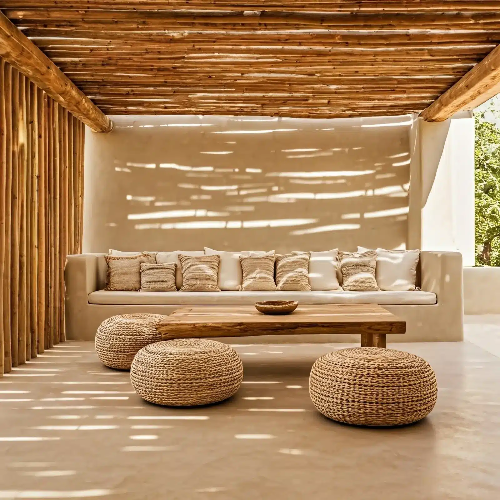 Beige lavasteen gietvloer met loungestoelen en gevlochten poufs onder houten dak