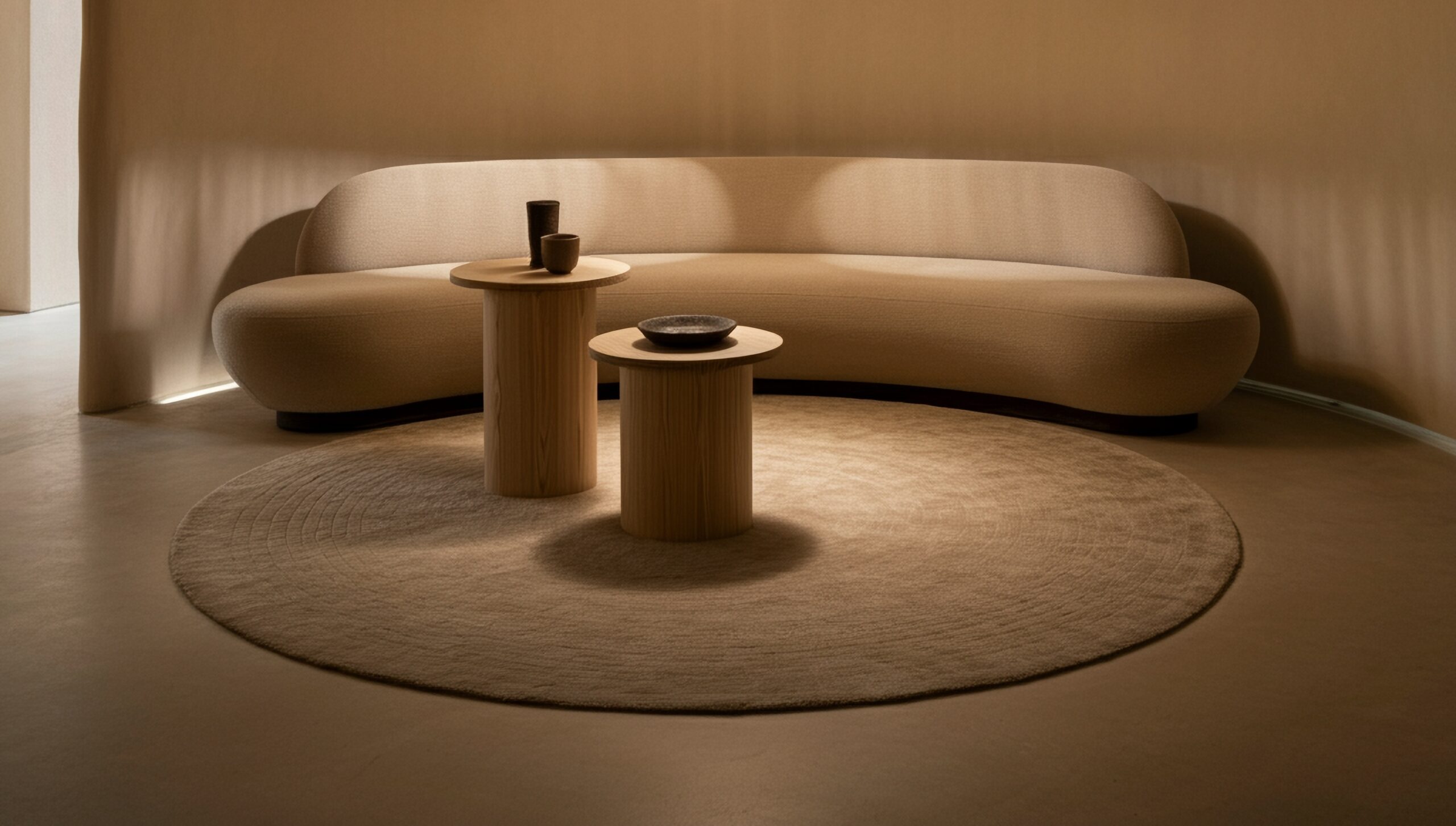 Minimalistische woonkamer met naadloze lavasteen gietvloer, ronde bank en houten bijzettafels