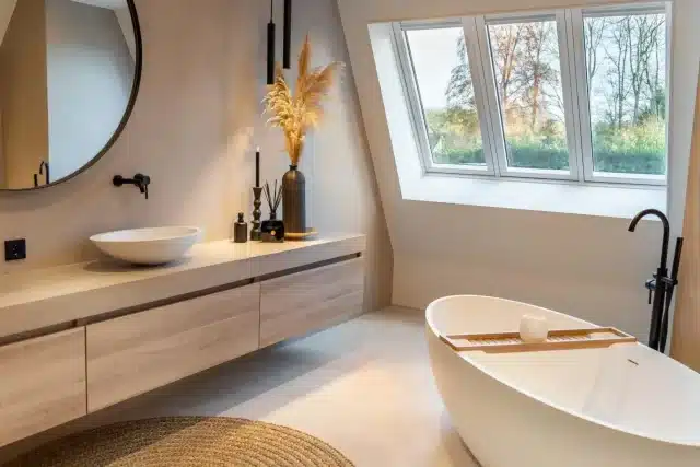 Badkamer van microcement dat zelf is aangebracht