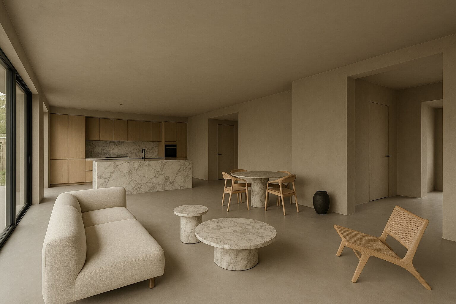 Microcement meubels in een woonkamer