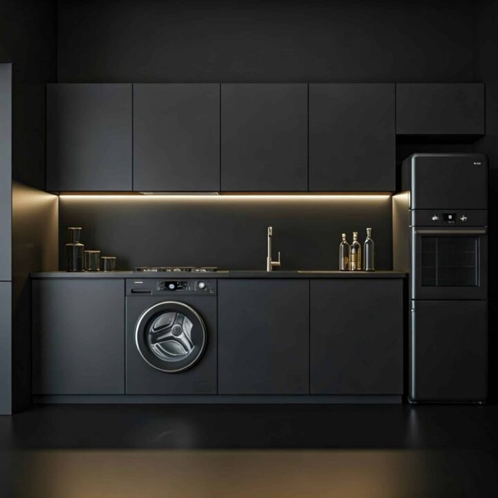 A,Sleek,,Modern,Black,Kitchen,Featuring,A,High-end,Washing,Machine,